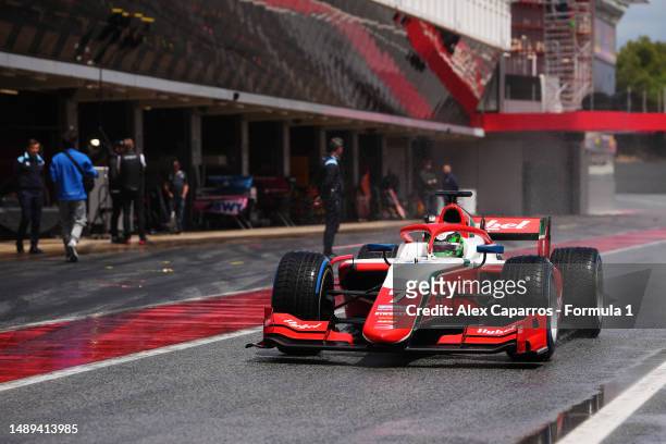 Frederik Vesti of Denmark and PREMA Racing drives in the Pitlane during day three of Formula 2 Testing at Circuit de Barcelona-Catalunya on May 12,...