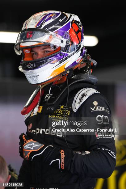 Amaury Cordeel of Belgium and Invicta Virtuosi Racing prepares to drive in the garage during day three of Formula 2 Testing at Circuit de...