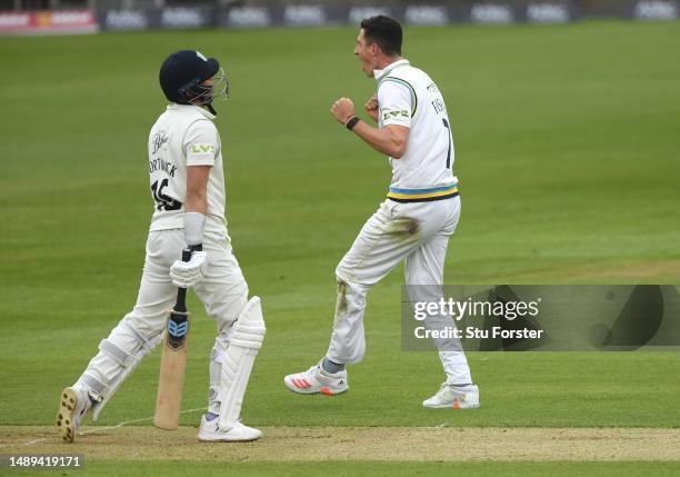 Yorkshire bowler Matthew Fisher celebrates after taking the wicket of Scott Borthwick during day 2 of the LV= Insurance County Championship Division...