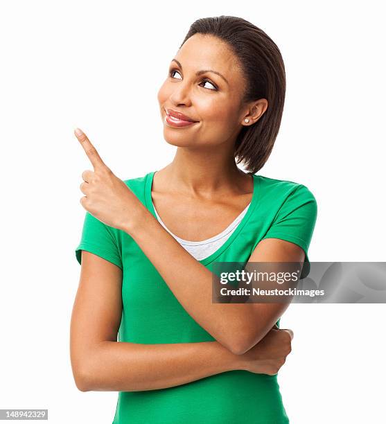 pretty woman pointing upwards - isolated - woman index finger stock pictures, royalty-free photos & images