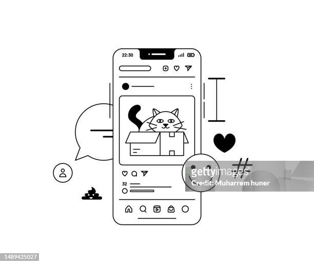 social media interaction vector illustration concept. mobile phone and around it emojis, speech bubbles and hashtags. a cute cat in a box. - cat in box stock illustrations