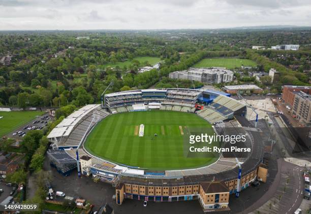 Edgbaston Cricket Ground stands in an aerial view at Edgbaston on May 11, 2023 in Birmingham, England.