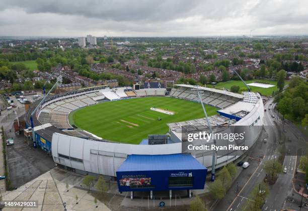 Edgbaston Cricket Ground stands in an aerial view at Edgbaston on May 11, 2023 in Birmingham, England.