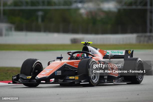 Jehan Daruvala of India and MP Motorsport drives on track during day three of Formula 2 Testing at Circuit de Barcelona-Catalunya on May 12, 2023 in...