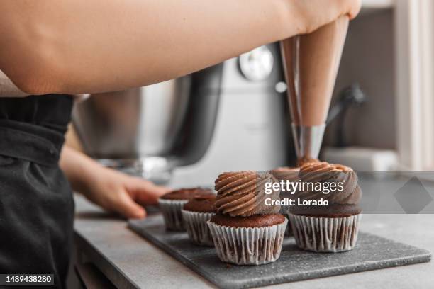 close up of domestic cupcake baking - chocolate cake stock pictures, royalty-free photos & images