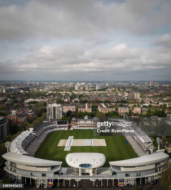An aerial view of Lords Cricket Ground on May 12, 2023 in London, England.