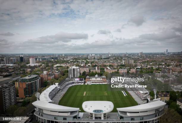 An aerial view of Lords Cricket Ground on May 12, 2023 in London, England.