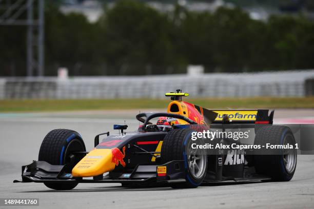 Enzo Fittipaldi of Brazil and Rodin Carlin drives on track during day three of Formula 2 Testing at Circuit de Barcelona-Catalunya on May 12, 2023 in...