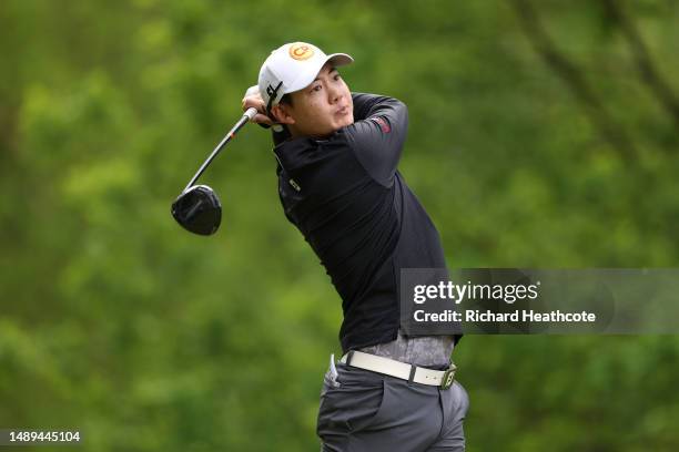 Jazz Janewattananond of Thailand tees off on the 11th hole during Day Two of the Soudal Open at Rinkven International Golf Club on May 12, 2023 in...