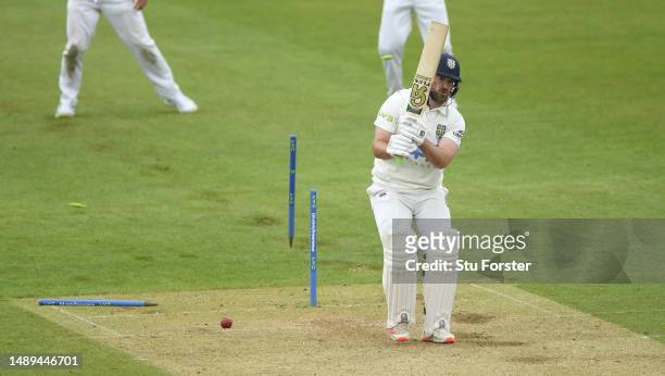 Durham batsman Ben Raine is bowled by Yorkshire bowler George Hill during day 2 of the LV= Insurance County Championship Division 2 match between...