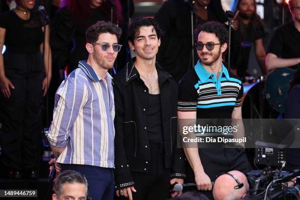 Nick Jonas, Joe Jonas, and Kevin Jonas of the Jonas Brothers perform on NBC's "Today" at Rockefeller Plaza on May 12, 2023 in New York City.
