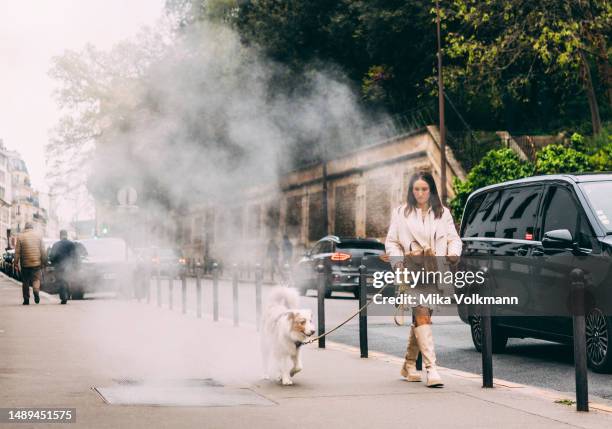 Woman walks her dog through a street covered with steam on April 26, 2023 in Paris, France. Famous for its iconic landmarks, Paris is considered one...