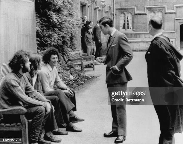 Prince Charles talks with students in the Inner Quad during a visit to Jesus College in Oxford, June 12th 1971. Charles was in Oxford to officially...