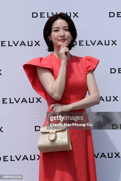 South Korean actress Lee Young-Ae attends the photocall for "DELVAUX" renewal opening at The Galleria Department Store on May 12, 2023 in Seoul,...