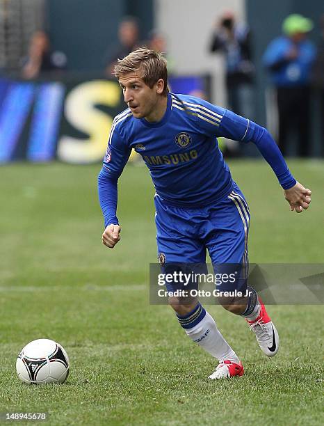 Marko Marin of Chelsea FC dribbles against the Seattle Sounders FC at CenturyLink Field on July 18, 2012 in Seattle, Washington.