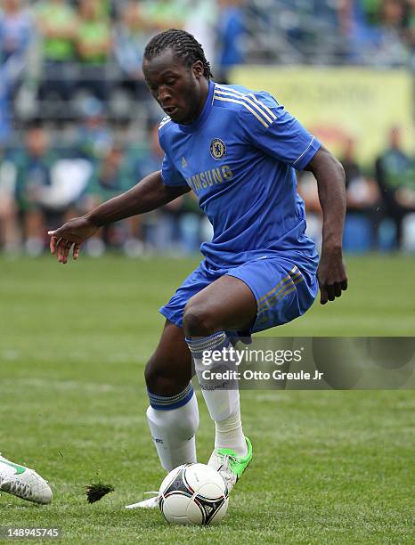 Romelu Lukaku of Chelsea FC dribbles against the Seattle Sounders FC at CenturyLink Field on July 18, 2012 in Seattle, Washington. Chelsea defeated...