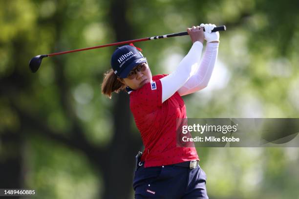 Nasa Hataoka of Japan hits a tee shot on the fourth hole during the second round of the Cognizant Founders Cup at Upper Montclair Country Club on May...