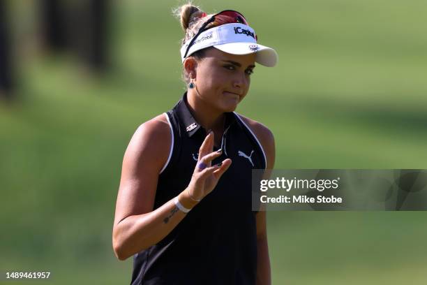 Lexi Thompson of the United States reacts to a putt on the third green during the second round of the Cognizant Founders Cup at Upper Montclair...