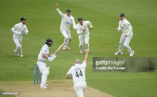 Yorkshire batsman Adam Lyth is caught fitrst ball for 0 by David Bedingham at slip, via a deflection from Alex Lees off the bowling of Ben Raine...