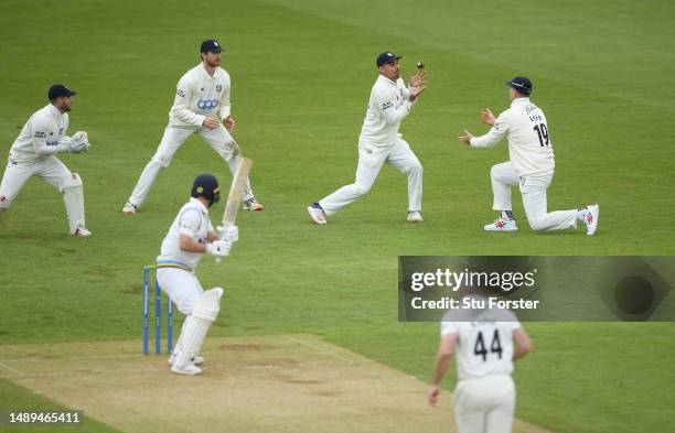 Yorkshire batsman Adam Lyth is caught fitrst ball for 0 by David Bedingham at slip, via a deflection from Alex Lees off the bowling of Ben Raine...