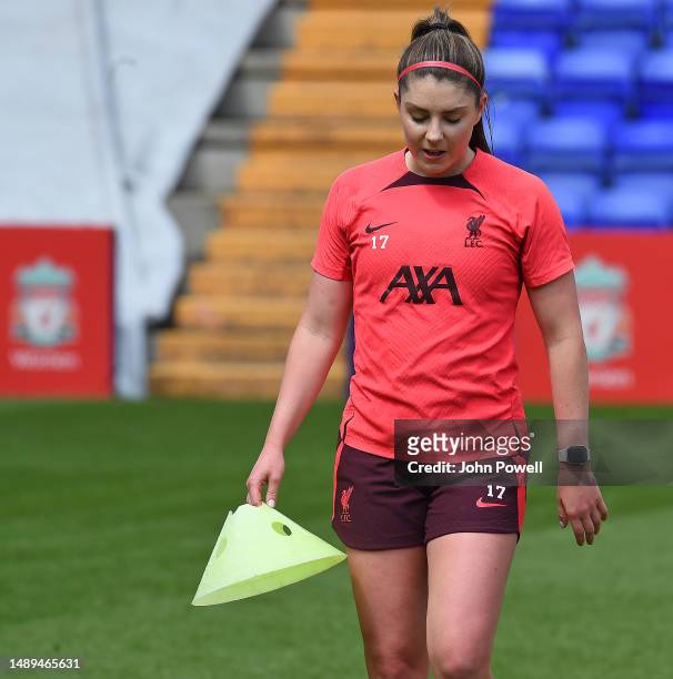 Carla Humphrey of Liverpool Women in action during a training session at Prenton Park on May 12, 2023 in Birkenhead, England.