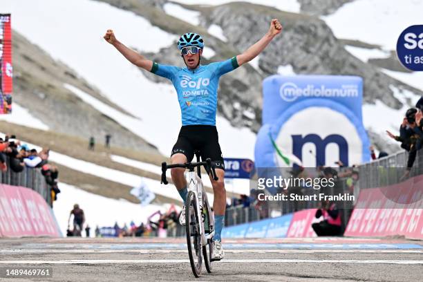 Davide Bais of Italy and Team EOLO-Kometa celebrates at finish line as stage winner during the 106th Giro d'Italia 2023, Stage 7 a 218km stage from...