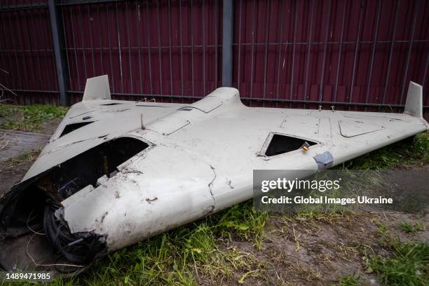 Remain of Shahed 136 at an exhibition showing remains of missiles and drones that Russia used to attack Kyiv on May 12, 2023 in Kyiv, Ukraine....