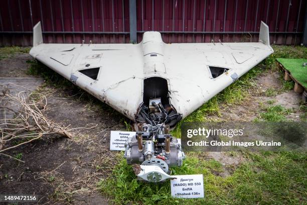 Remain of Shahed 136 at an exhibition showing remains of missiles and drones that Russia used to attack Kyiv on May 12, 2023 in Kyiv, Ukraine....