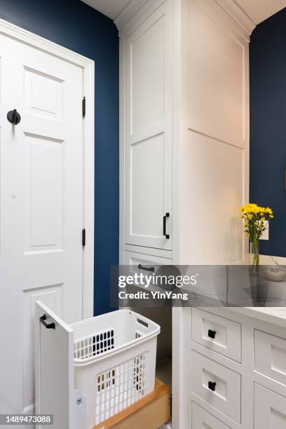contemporary bathroom design showing laundry hamper basket - afgesloten ruimte stockfoto's en -beelden