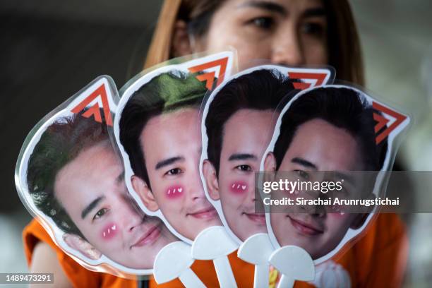 Fans with the image of Pita "Tim" Limjaroenrat, the leader of Move Forward Party , and a prime minister candidate are seen displayed for sale at the...