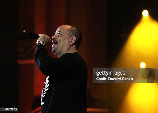 Ice T performs on stage at "The Art of Rap" European premiere and concert at Hammersmith Apollo on July 19, 2012 in London, England.