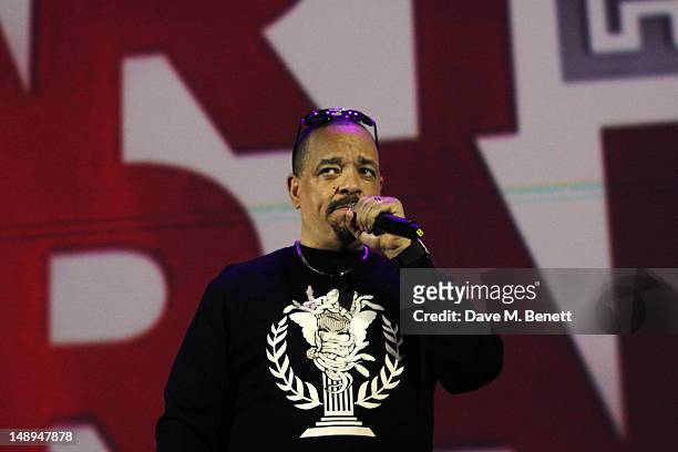 Ice T performs on stage at "The Art of Rap" European premiere and concert at Hammersmith Apollo on July 19, 2012 in London, England.