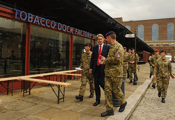 GBR: Defence Secretary Philip Hammond Visits Temporary Olympic Army Barracks