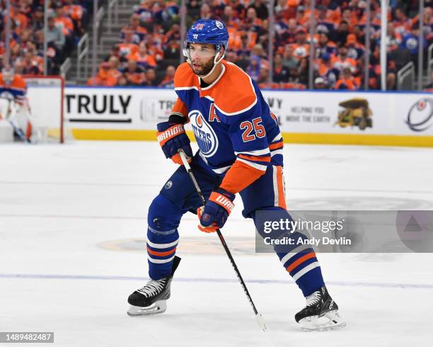 Darnell Nurse of the Edmonton Oilers skates against the Vegas Golden Knights in Game Four of the Second Round of the 2023 Stanley Cup Playoffs at...