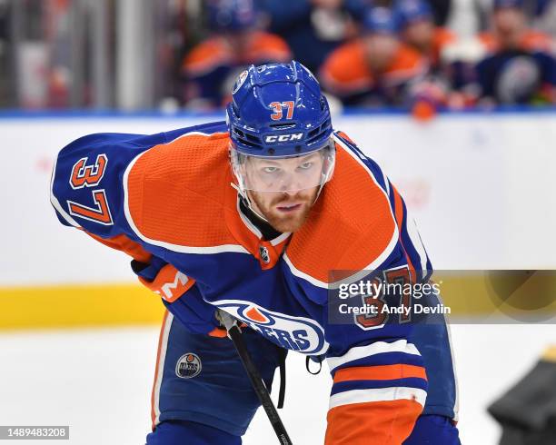 Warren Foegele of the Edmonton Oilers awaits a face-off in Game Four of the Second Round of the 2023 Stanley Cup Playoffs at Rogers Place on May 10...