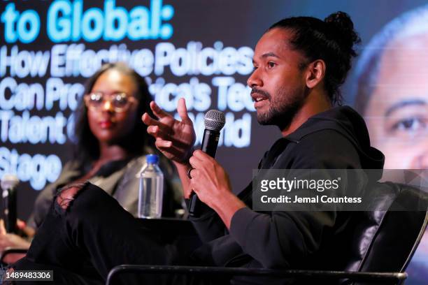 Kori Hale and Ronnie Kwesi Coleman speak on stage during the AfroTech Executive Washington D.C. Event at The Gathering Spot on May 11, 2023 in...