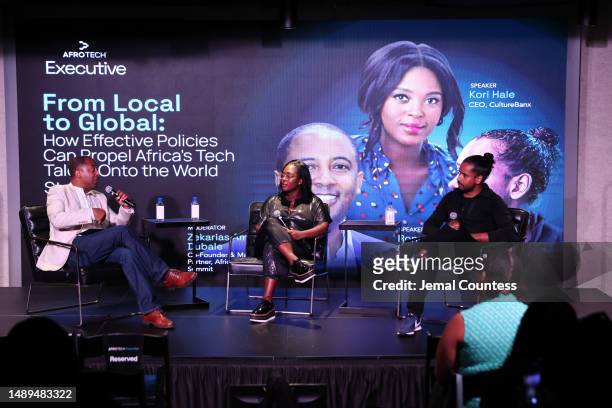 Zekarias Amsalu, Kori Hale, and Ronnie Kwesi Coleman speak on stage during the AfroTech Executive Washington D.C. Event at The Gathering Spot on May...