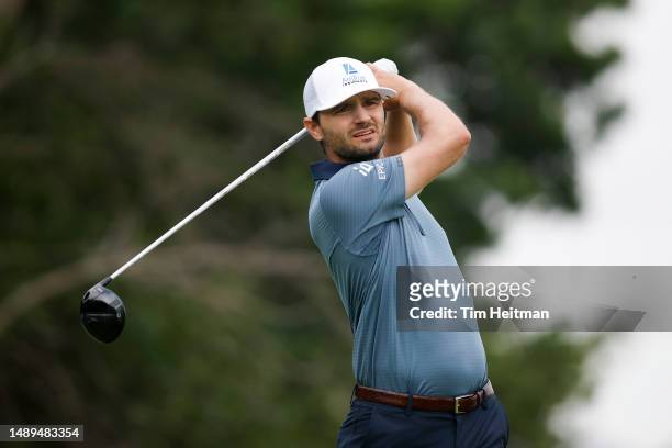 Kyle Stanley of the United States plays his shot from the 16th tee during the second round of the AT&T Byron Nelson at TPC Craig Ranch on May 12,...