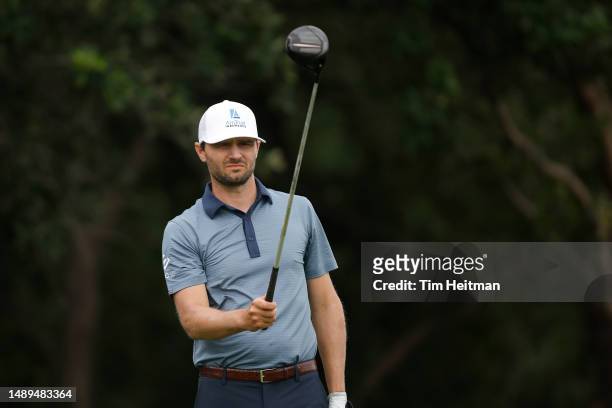 Kyle Stanley of the United States prepares to play his shot from the 16th tee during the second round of the AT&T Byron Nelson at TPC Craig Ranch on...
