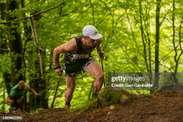 Runner Pau Guitart in action during the 9th edition of the Zegama Aizkorri vertical kilometer mountain race on May 12, 2023 in Zegama, Spain.