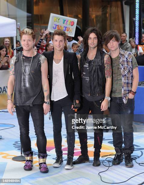 Nash Overstreet, Ryan Follese, Ian Keaggy and Jamie Follese of Hot Chelle Rae perform on NBC's "Today" at Rockefeller Plaza on July 20, 2012 in New...