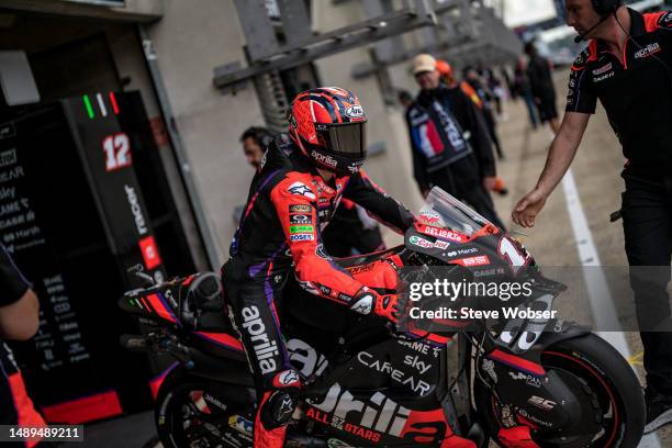 Maverick Viñales of Spain and Aprilia Racing starts his session during the free practice of MotoGP SHARK Grand Prix de France at Bugatti Circuit on...