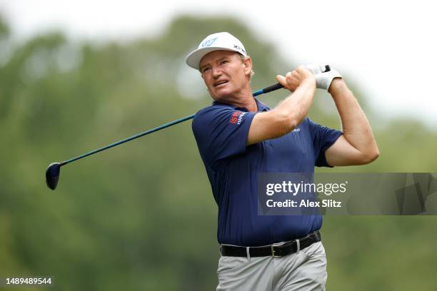 Ernie Els of South Africa watches his tee shot on the third hole during the second round of the Regions Tradition at Greystone Golf and Country Club...