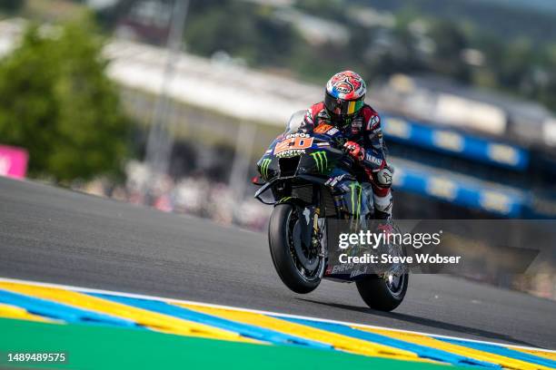 Fabio Quartararo of France and Monster Energy Yamaha MotoGP rides a small wheelie during the free practice of MotoGP SHARK Grand Prix de France at...