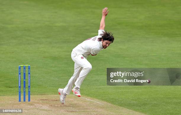 Jack White of Northamptonshire bowls during the LV= Insurance County Championship Division 1 match between Northamptonshire and Nottinghamshire at...
