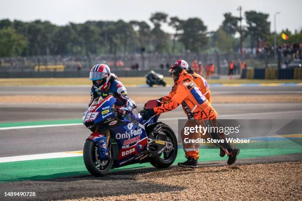 Rory Skinner of United States and American Racing after his crash at the last tur during the free practice of MotoGP SHARK Grand Prix de France at...