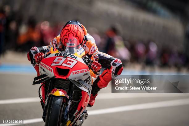 Marc Marquez of Spain and Repsol Honda Team starts his session and rolls through the pitlane during the free practice of MotoGP SHARK Grand Prix de...