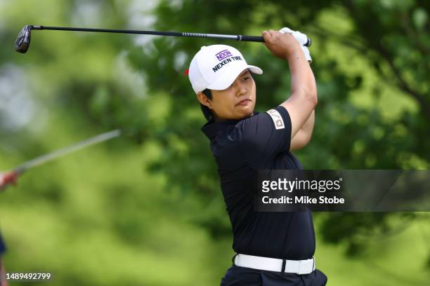 Haru Nomura of Japan hits a tee shot on the second hole during the second round of the Cognizant Founders Cup at Upper Montclair Country Club on May...