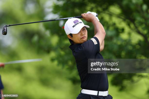 Haru Nomura of Japan hits a tee shot on the second hole during the second round of the Cognizant Founders Cup at Upper Montclair Country Club on May...