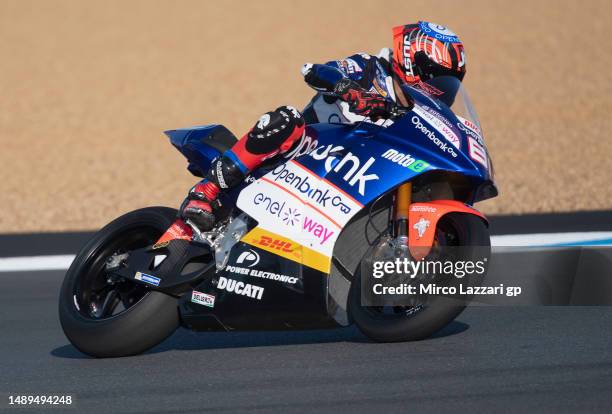 Jordi Torres of Spain and Openbank Aspar Team rounds the bend during the MotoGP of France - Free Practice on May 12, 2023 in Le Mans, France.